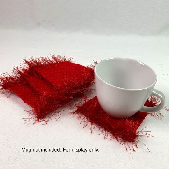 Mug Rugs Handmade Crochet Holiday Red Eyelash Edging Felt Back Set of 4 Coasters - Picture 7 of 8
